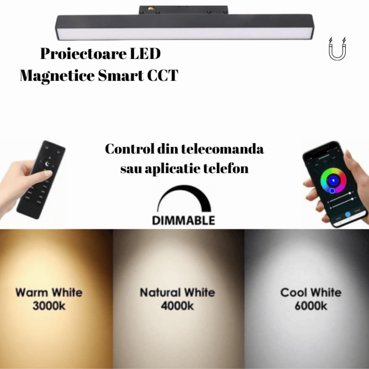 Proiector LED Sina Magnetica 10W, CCT, 30CM, Mat, Negru