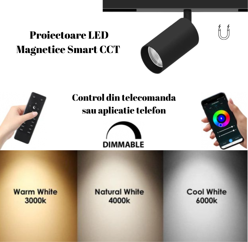 Proiector LED Sina Magnetica 10W, CCT, Reglabil, Negru