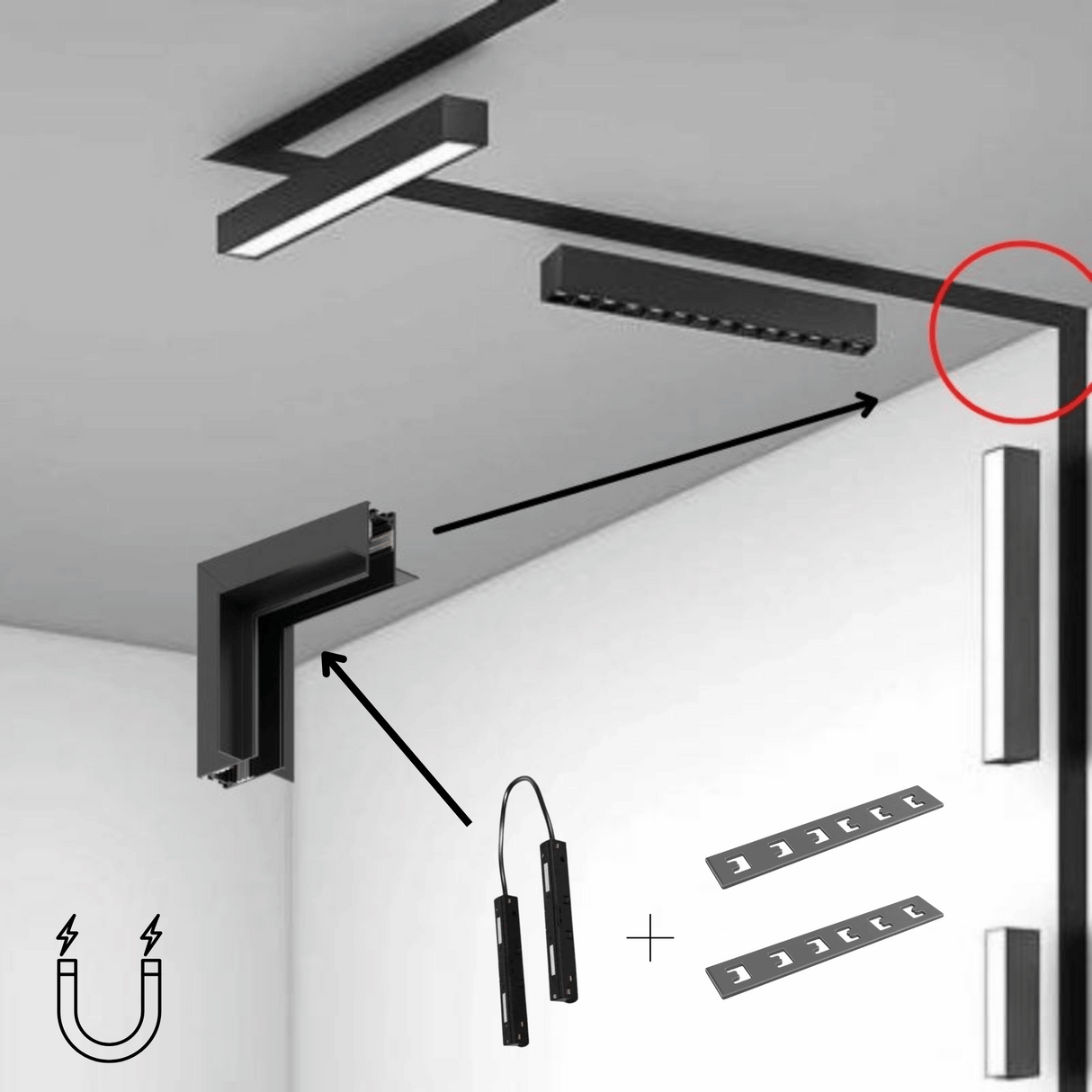 Conector Colt Incastrat Prindere pe Rigips Sina Magnetica, Negru