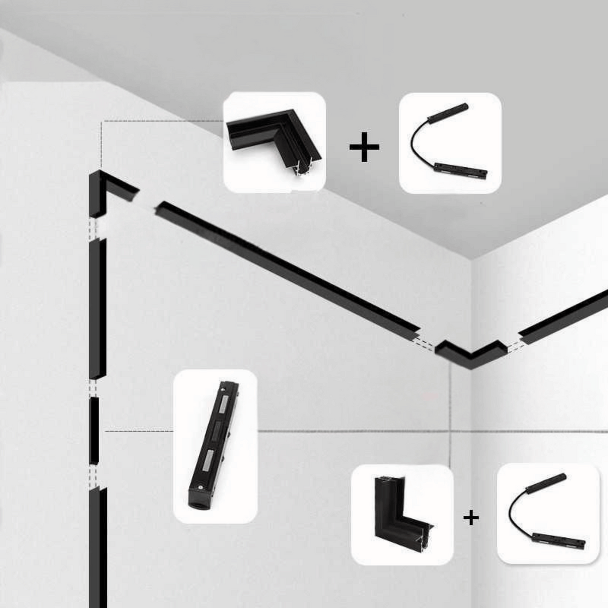 Conector Colt Incastrat Prindere pe Rigips Sina Magnetica, Negru
