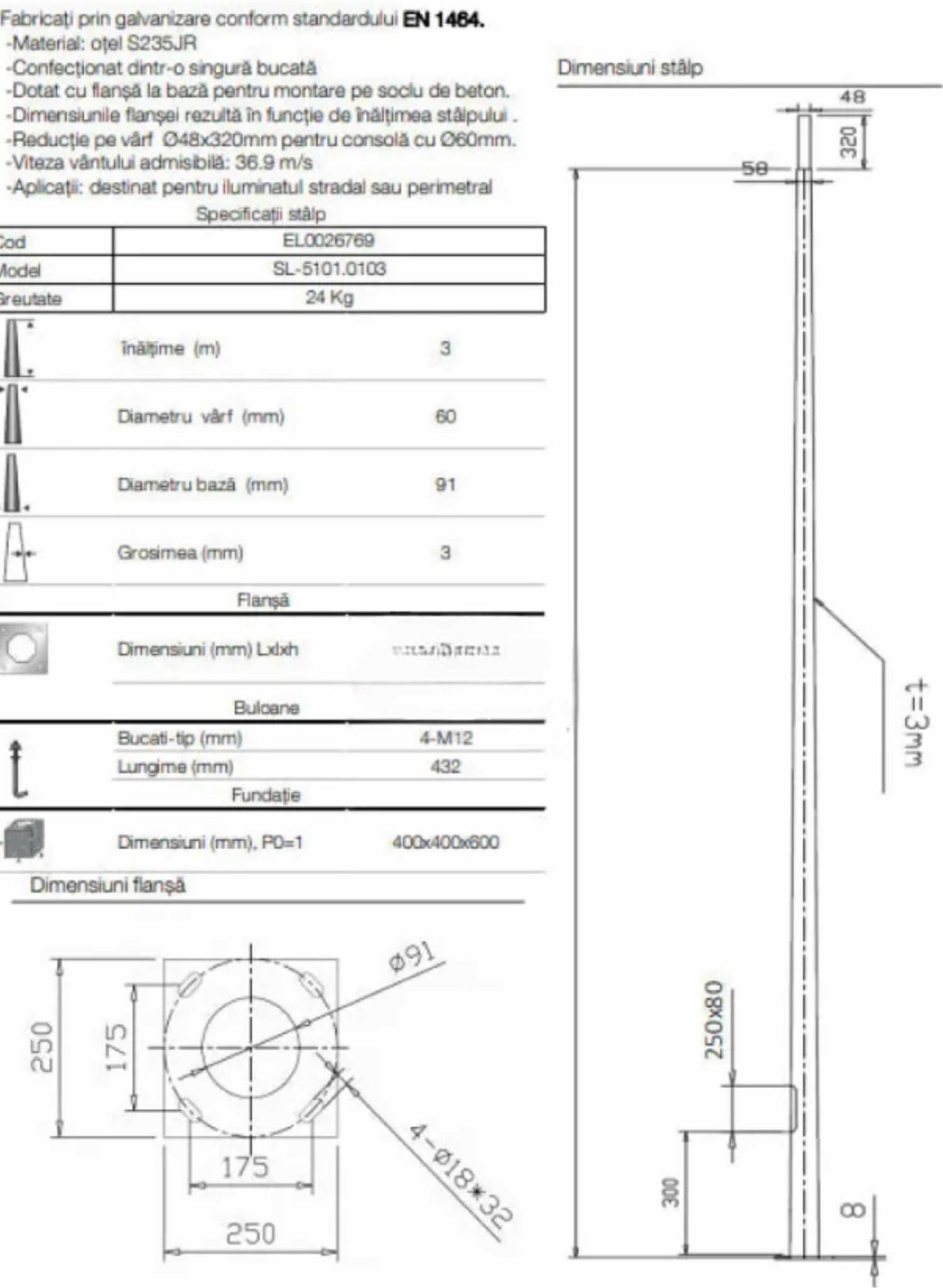 Stalp Iluminat Stradal Otel Galvanizat 3m