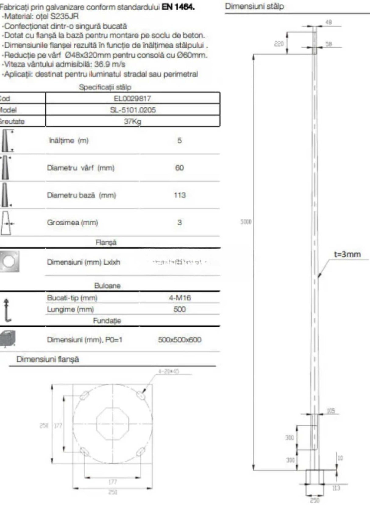 Stalp Iluminat Stradal Otel Galvanizat 5m
