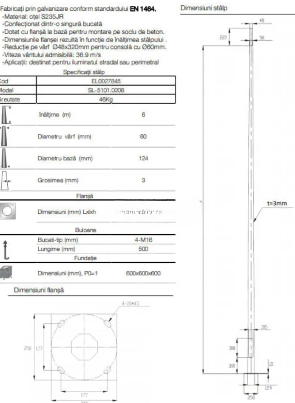 Stalp Iluminat Stradal Otel Galvanizat 6m