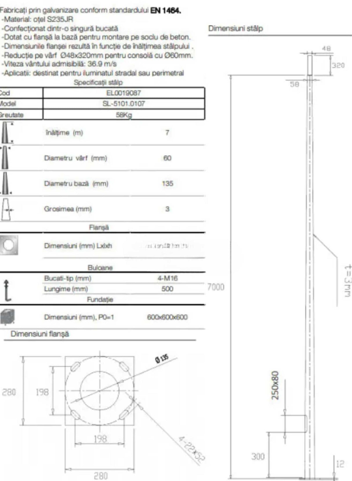 Stalp Iluminat Stradal Otel Galvanizat 7m
