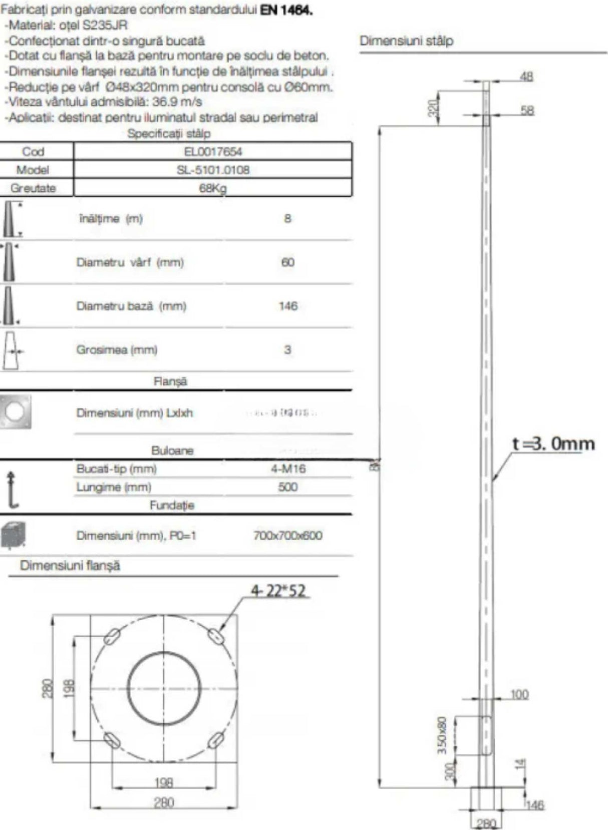 Stalp Iluminat Stradal Otel Galvanizat 8m